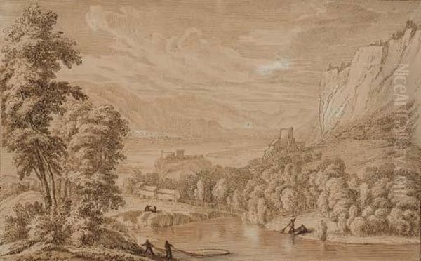 Pecheurs Autour D'un Lac Dans Un Paysage De Montagnes - view 1