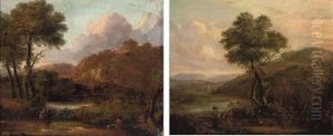 A Wooded River Landscape With Figures On A Track, A Hilltop Fort Beyond by Aelbert Meyeringh