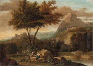 An Italianate River Landscape With A Man And A Woman Conversing In The Foreground.