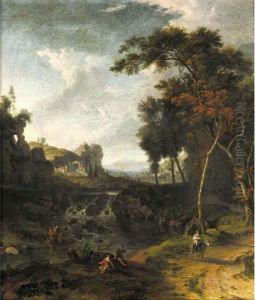 A Classical Landscape With A Mother And A Child On A Donkey