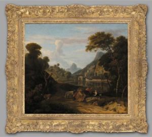 An Italianate River Landscape 
With A Cowherd Conversing With A Shepherdess By A Sandy Track, A 
Monastery Beyond