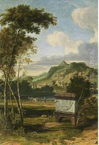 An Arcadian Landscape With A 
Tomb In The Foreground And A Traveller With His Donkeys Walking Along A 
River - view 1