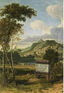 An Arcadian Landscape With A 
Tomb In The Foreground And A Traveller With His Donkeys Walking Along A 
River