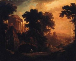 An Italianate Landscape With Herders On A Track By A Ruined Templeat Dusk