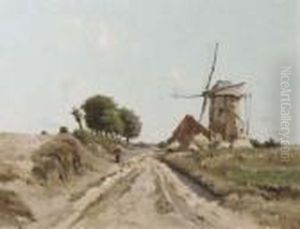 A Peasant Woman Passing A Windmill On A Sunny Day by Isidore Meyers
