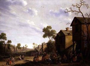 Village scene with peasants merrymaking by Joost Cornelisz. Droochsloot