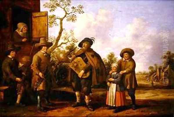 A Hurdy Gurdy Player and other Musicians before a Cottage - view 1