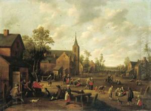 A village scene with peasants playing and conversing by Joost Cornelisz. Droochsloot