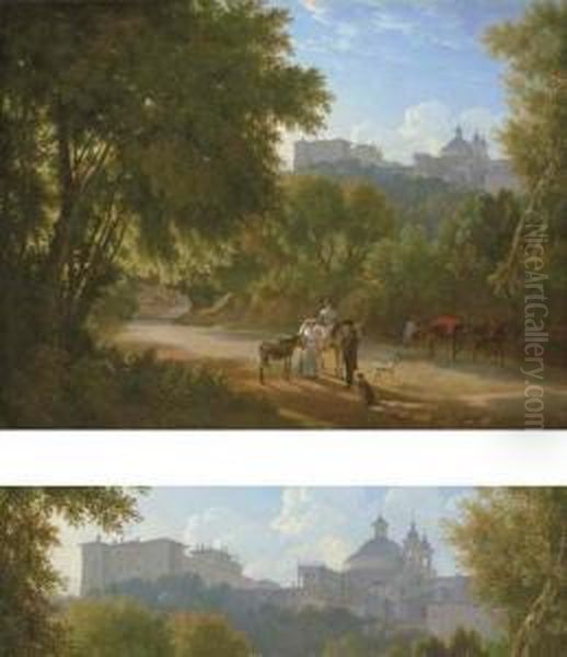 A Valley In The Alban Hills With
Travelers On A Road, A View Of The Chigi Palace And Santa Maria
Dell'assunta Beyond - view 1