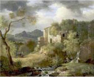 Italianate Landscape With Figures On A Path Near Ruins by Achille-Etna Michallon