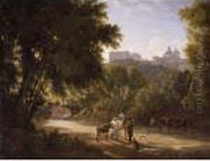A Valley In The Alban Hills With
 Travellers On A Road, A View Of The Chigi Palace And Santa Maria 
Dell'assunta, Ariccia Beyond by Achille-Etna Michallon