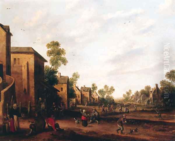 A village street with boors smoking and drinking outside an inn, beggars and travellers beyond - view 1