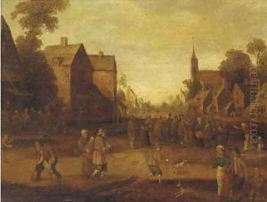 A village with peasants gathered around a speaker