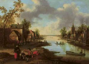A river landscape with figures outside an inn and fishermen in boats, a family conversing in the foreground