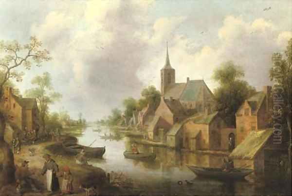 A river landscape with figures outside an inn and fishermen in boats, a town beyond - view 1