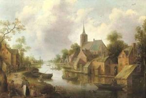 A river landscape with figures outside an inn and fishermen in boats, a town beyond