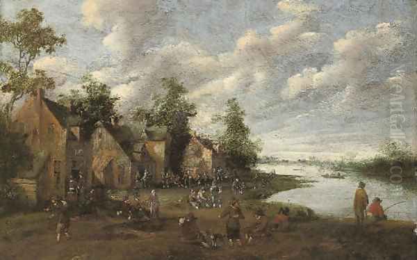 A riverside village with fishermen and figures conversing - view 1