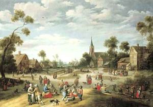 A village kermesse with numerous peasants feasting and making merry