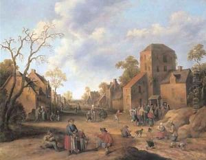 A village scene with figures and beggars