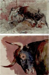 Pair Of Paintings: Study For "la Vara Rota"; Study For The Bull's Head In "la Vara Rota by Arturo Michelena