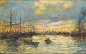 Tramonto Nel Porto Di Livorno by Guglielmo Micheli