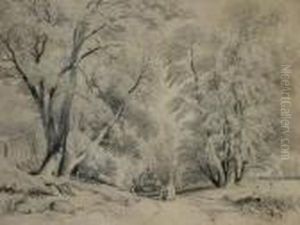 Figures With A Cart And Horse On A Wooded Country Lane