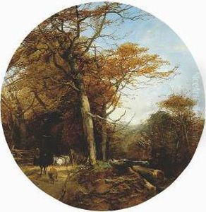 Sheep And A Cow With A Drover On A Woodland Path