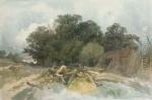 A Pile Of Logs By A Barn In A Clearing