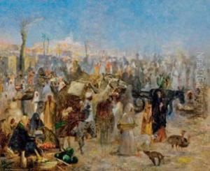 Groser Orientalischer Markt Vor Einer Stadt Im Morgenlicht