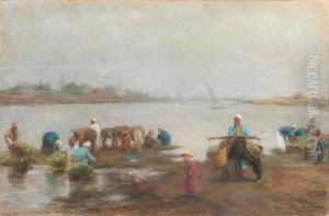 Arab With Donkeys And Baskets At The Shores Of The Nile. by Alphons Leopold Mielich