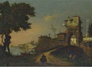 Italian Landscape With Figures Entering A Fortified Watersidetown