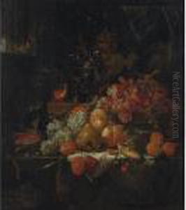 Still Life With Grapes, Fruit, Corn And A Bird by Abraham Mignon