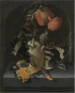 Still Life With A Hoopoe, A
Great Tit, A Falconry Hood And A Decoywhistle All Arranged Within A
Stone Niche by Abraham Mignon