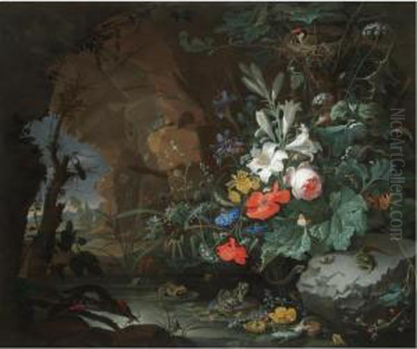 The Interior Of A Grotto With A 
Rock-pool, Frogs, Salamanders, A Bird's Nest And A Large Bouquet Of 
Flowers Including Poppies And Lilies, A View Of A Landscape Through The 
Cave Opening Beyond - view 1