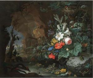 The Interior Of A Grotto With A
Rock-pool, Frogs, Salamanders, A Bird's Nest And A Large Bouquet Of
Flowers Including Poppies And Lilies, A View Of A Landscape Through The
Cave Opening Beyond by Abraham Mignon
