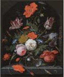 A Still Life With Peonies,
Roses, Parrot Tulips, Morning Glory, An Iris And Poppies In A Glass Vase
Set Within A Stone Niche And Caterpillars, A Snail, A Bee And A
Cockchafer On The Ledge Below by Abraham Mignon