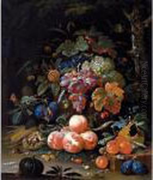 A Still Life Of Red And White 
Grapes In A Basket, Peaches, Plums, Chestnuts, An Ear Of Corn And 
Gooseberries Resting On A Forest Floor, With Snails, Butterflies, A 
Caterpillar, Wasp And Other Insects - view 1