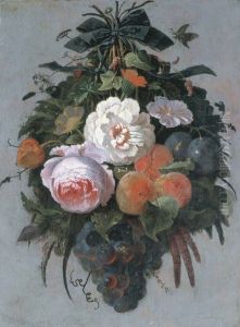 A Swag Of Fruit And Flowers Hanging From A Nail by Abraham Mignon