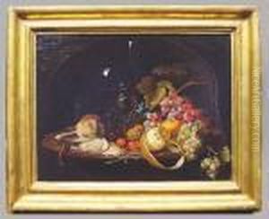 Still Life In A Niche With Fruit, Nuts, Oyster, Wine Goblet Andfluted Glass by Abraham Mignon