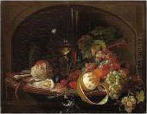 Still Life Of A Peeled Lemon,
Grapes, An Orange, Cherries And Walnuts, Together With A Roemer, Bread
Roll, Oysters, A Clay Pipe And A Taper, Arranged Upon A Folding Wooden
Leaf by Abraham Mignon