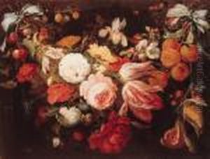 A Swag Of Flowers And Fruit With Caterpillars, Beetles, Butterfliesand A Snail