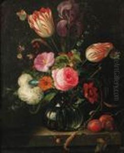 Tulips, Roses, Ears Of Corn,
Snowballs And Other Flowers In A Glassvase With A Branch Of Plums On A
Stone Ledge, Butterflies Andsnails by Abraham Mignon