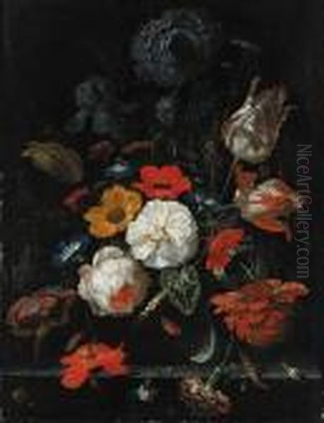 Roses, Parrot Tulips, Poppies,
Morning Glory, A Carnation, An Iris,paeonies And Other Flowers, With
Ears Of Corn In A Glass Vase Withsnails, A Spider And Other Insects On A
Stone Shelf In Analcove - view 1