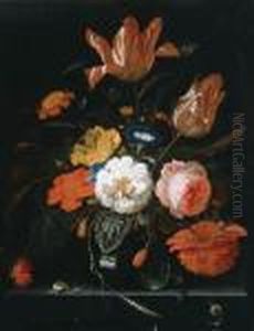 Flowers And Ears Of Wheat In A Glass Vase With Snails And Abutterfly On A Stone Ledge