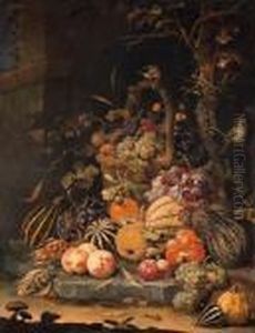 A Forest Floor Still Life With
Grapes, Plums, Rosehips,blackberries And Ears Of Corn In A Basket, With
Peaches, Melons Andcorn Cobs On A Stone Slab, With A Goldfinch, A Snail,
A Beetle Andother Insects, A Mouse By Mushrooms In The Foreground, By A
by Abraham Mignon