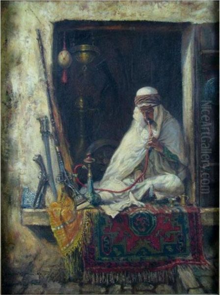 Interior Scene With Arabian Man Seated On Oriental Rug - view 1