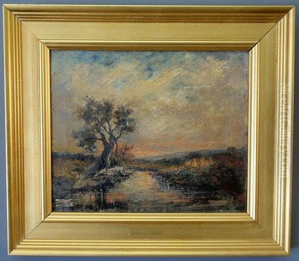 Landscape Painting Of A Tree Along A Stream At Sunset - view 1