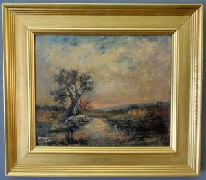Landscape Painting Of A Tree Along A Stream At Sunset by Charles Henry Miller