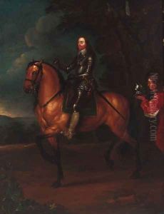 An equestrian portrait of Charles I (1600-1649), small full-length, on a bay horse, with his page, in a wooded landscape