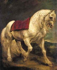 A bridled grey stallion, with a saddle cloth and partially plaited mane a modello
